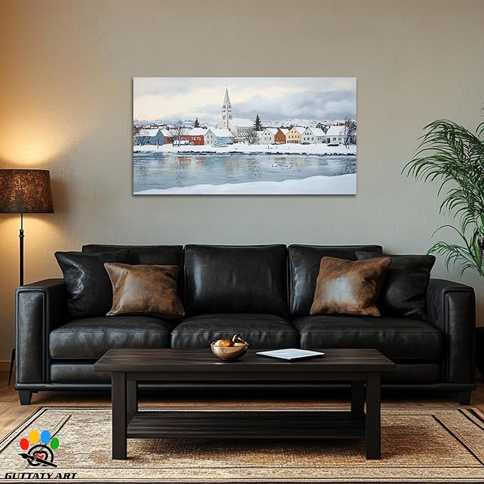 GUTTATY Christmas Winter Scene Canvas Wall Art, Snowy Village Houses & Church Wall Decor, Serene Winter Pictures, Holiday Wall Prints for Living Room, Bedroom, Office, 24x12 Inch