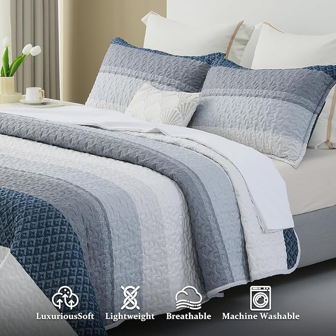 DURLENGEN Striped Quilt Set Queen Size 3Pcs, Blue & Navy Striped Patchwork Pattern All Season Lightweight Bedspread Coverlet Sets(Queen 90x96, Blue Patchwork)