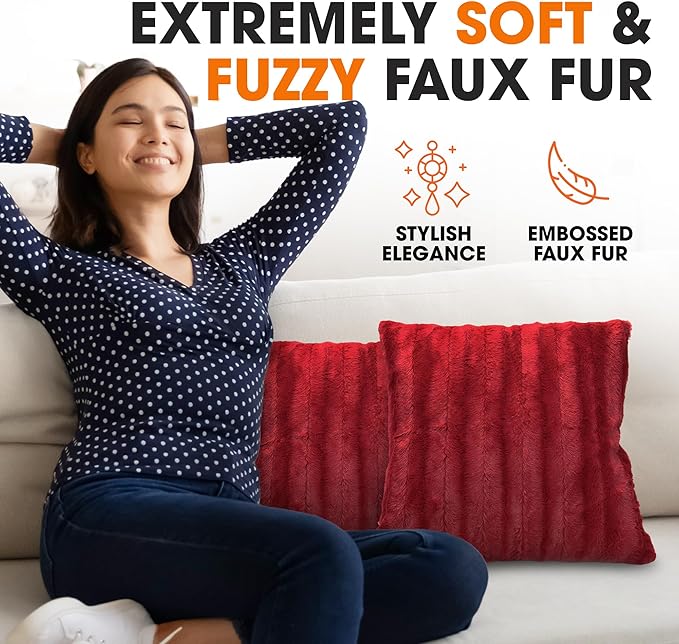 Cheer Collection Faux Fur Throw Pillows - Decorative Pillows for Couch, Bed Throw Pillows, Maroon Accent Pillows for Bedroom or Living Room Aesthetic, Set of 2 Furry Throw Pillows, 16" x 16"