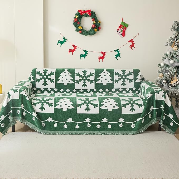 MEETSKY Christmas Couch Cover for Sectional Sofa, Chenille Green Sofa Covers Washable for Pet Friendly Snowflake Christmas Tree Decorative Couch Covers, 71" x 134"