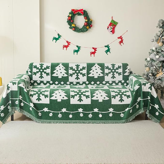 MEETSKY Christmas Couch Cover for Sectional Sofa, Chenille Green Sofa Covers Washable for Pet Friendly Snowflake Christmas Tree Decorative Couch Covers, 71" x 134"