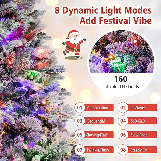 HAPPYGRILL 4.5 FT Pre-lit Artificial Christmas Tree, Snow-Flocked Xmas Tree with 160 Multi-Color LED Lights, 8 Lighting Modes, 472 Branch Tips, Pine Needles, Hinged Tree for Home Office Party