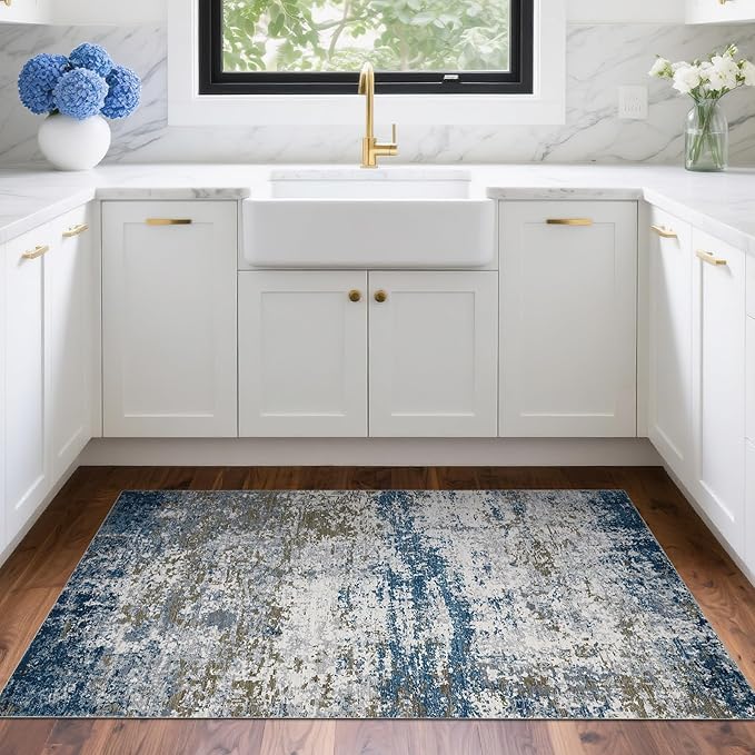 Modern Abstract 2x3 Area Rug Non Slip Non Shedding Low Pile Stain Resistant Rug for Entryway Kitchen Bedroom,Navy
