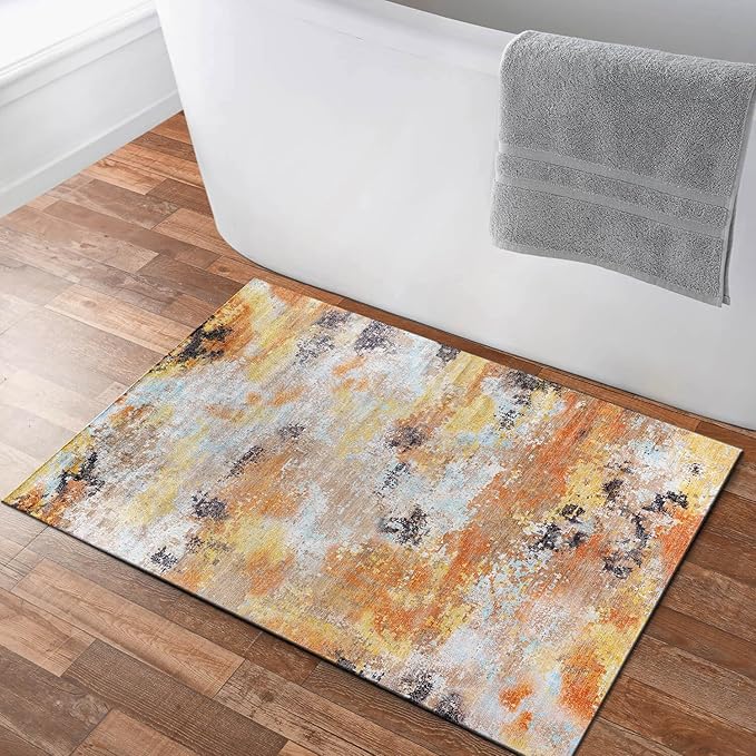 Non Slip Rugs 2x3 Modern Abstract Easy Silk Rubber Backing Soft Entryway Area Rug for Door Mat Easy to Clean Non Shedding Kitchen for Bedroom Indoor Carpet (Orange - Brown, 2x3)