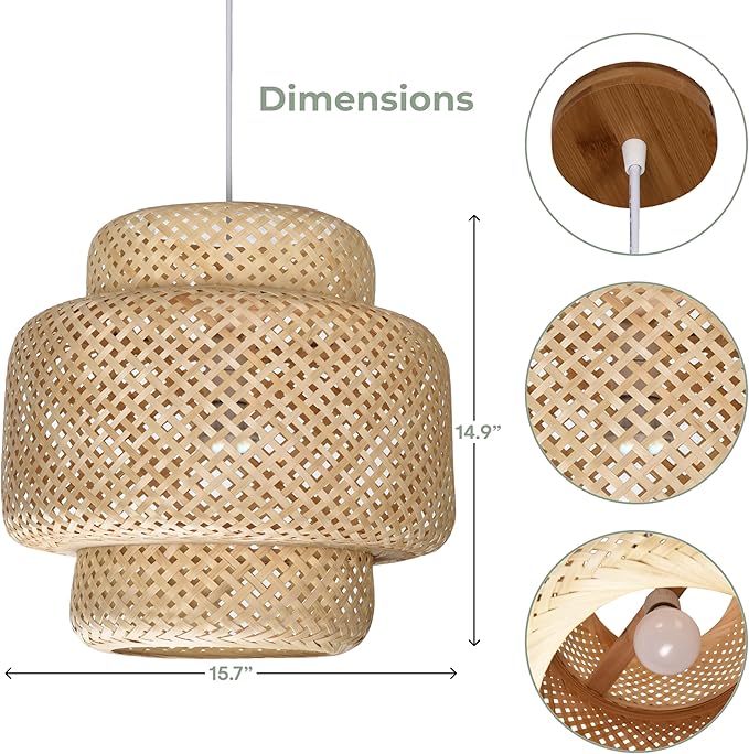 Hand Woven Rattan Lamp Shade - Bamboo Pendant Lights - Elegant Hanging Light Chandelier - Natural Boho Lighting Fixture - Dome Lamp Shade for Kitchen Island, Dining and Living Room - 14.96x15.71''