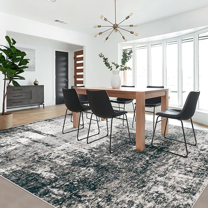 8x10 Area Rugs Washable Rug, Soft Modern Abstract Rugs for Living Room Large Low Pile Thin Rug Non Slip Indoor Neutral Carpet for Bedroom Dining Room Farmhouse Office Kids Playroom Black Grey Gold