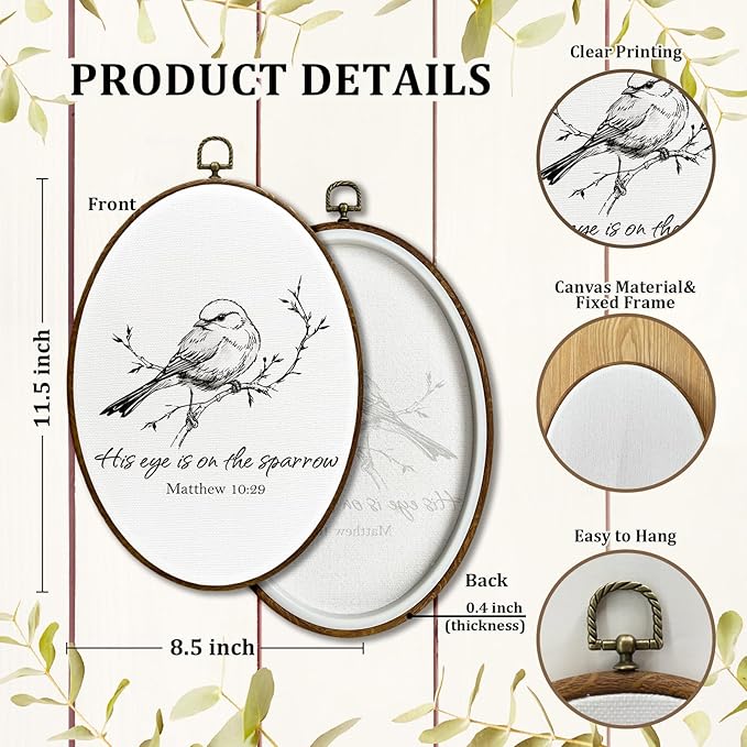JQF Bird Oval Wall Decor, Farmhouse Rustic Sparrow Floral Oval Canvas Wall Art, Cottagecore Bird on Floral Branch Framed Prints Hanging Decor for Home Bedroom Living Room, 8.5x11.5 Inch