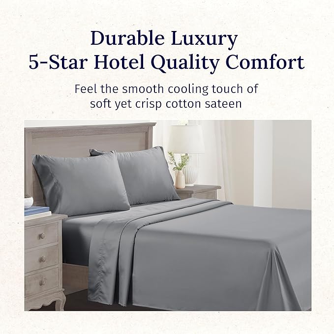 California Design Den - Luxury Full Size Sheet Set - 100% Cotton, 600 Thread Count Deep Pocket Full Size Bed Sheets, Hotel-Quality Cooling Sheets with Sateen Weave - Mist Grey