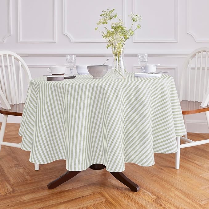 Solino Home Linen 60 Inch Round Tablecloth - Amalfi Stripe, 100% Pure Linen Sage and White Round Tablecloth - Machine Washable Table Cloth for Fall, Autumn, Thanksgiving, Christmas, Winter