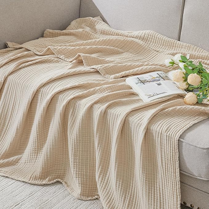 EMME Cotton Muslin Large Throw Blanket Couch Breathable Gauze Soft Lightweight Bed Blankets Adults (Beige, 50"x70")