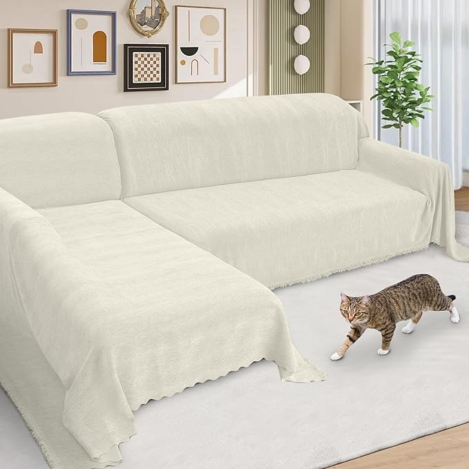 ALIECOM Sectional Couch Covers L Shape Sectional Sofa Cover for Dogs 2 Piece Thick Chenille L Shaped Couch Slipcover Blanket Chaise Pet Furniture Protector Washable (XX-Large, Creamy White)