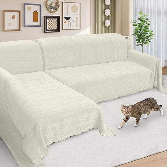 ALIECOM Sectional Couch Covers L Shape Sectional Sofa Cover for Dogs 2 Piece Thick Chenille L Shaped Couch Slipcover Blanket Chaise Pet Furniture Protector Washable (XX-Large, Creamy White)