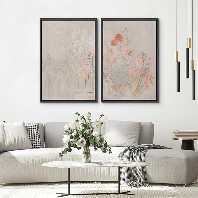SIGNWIN Framed Canvas Print Wall Art Set Soft Pastel Wildflower Botanical Floral Illustrations Modern Art Scenic Colorful for Living Room, Bedroom, Office - 16"x24"x2 Black