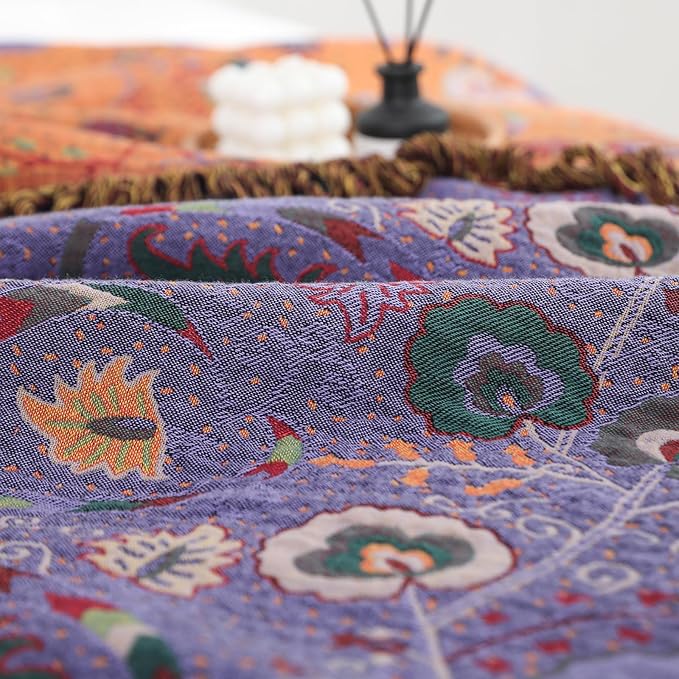 Boho Throw Blanket for Bed 100% Cotton Ultra Soft Rustic Quilt Farmhouse Decor Bed Fall Blankets,All Season Rustic Throw for Sofa Couch Chair (Flower-Purple, 90"×98")
