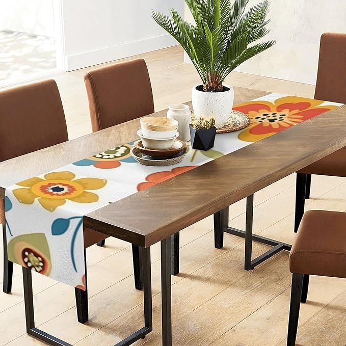 Retro Flower Table Runner 13x72 Inches Vintage Floral Faux Linen for Kitchen Dining Table Decor Wedding Birthday Party Holiday Celebration