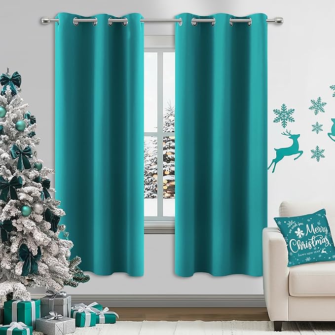 KOUFALL Coastal Decor Marine Teal Curtains 63 Inch Length for Bedroom Ocean Decor Room Darkening Blackout Curtain for Boat Windows Beach Wall Decor