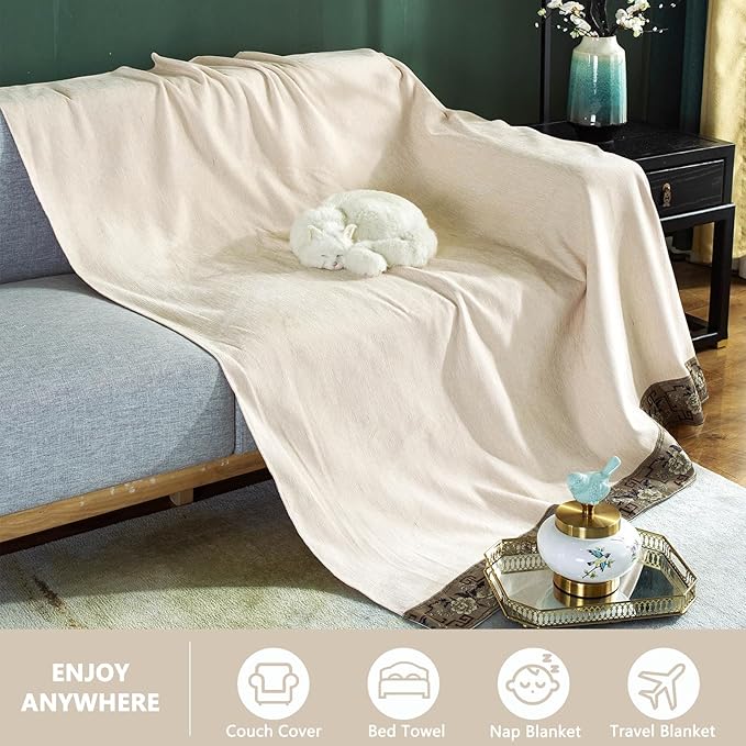 DREAMINGO Beige Couch Cover - Damask Jacquard Edge, Solid Color Modern Texture Sofa Covers for 3 Cushion Couch, Thick Chenille Sofa Slipcovers for Dogs Cats Washable, XX-Large 71"x150"