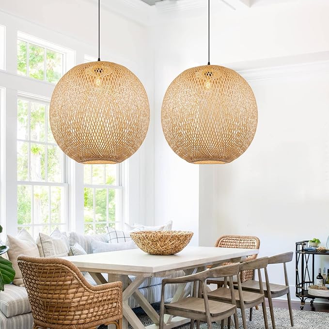 Arturesthome 1 Light Round Bamboo Pendant Lights, Wicker Chandelier Hand-Woven Boho Basket Lampshade Hanging Ceiling Light for Kitchen Island Living Room