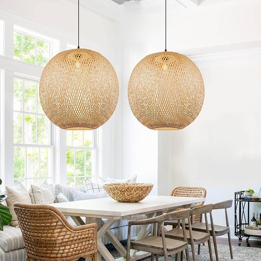 Arturesthome 1 Light Round Bamboo Pendant Lights, Wicker Chandelier Hand-Woven Boho Basket Lampshade Hanging Ceiling Light for Kitchen Island Living Room