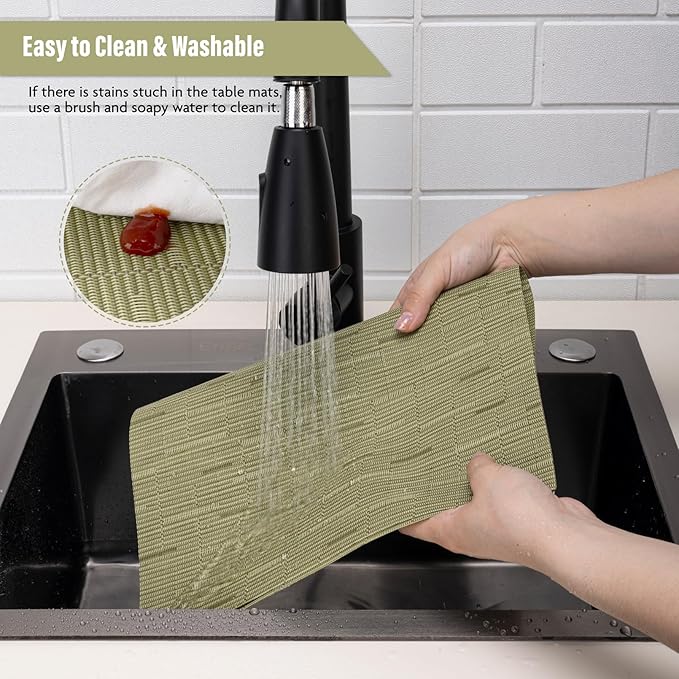 Winknowl Placemats Set of 8, Washable Vinyl Woven Place Mats Indoor and Outdoor Heat Stain and Water Resistant Elegant Plastic Table Mats for Kitchen Dining Table (Green)