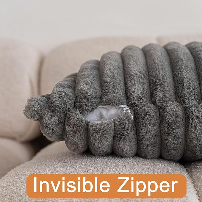 Double-Sided Faux Fur Plush Throw Pillow Covers 12x20 Set of 2 Fuzzy Striped Soft Cozy Pillowcase Luxury Decorative Pillows Rectangle Shaggy Cushion Covers for Couch Sofa Bed,Dark Grey