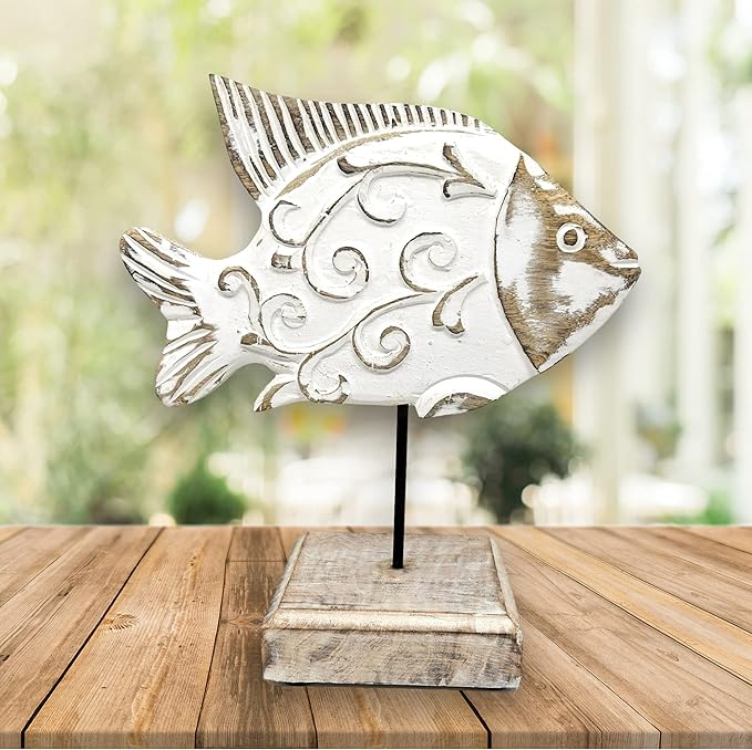 Beau Butter Fish Statue on Base Stand | Handmade Wooden Fish Sculpture for Nautical Beach House Rustic Centerpiece Table Decor for Office, Living Room