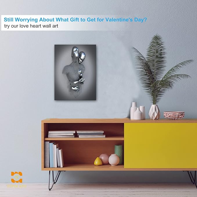 HIPOCAPO 3D Metal Effect Wall Art - Love Heart Canvas Art, Silver Decor for Living Room, Romantic Couple Room Framed 18”x24”x1Pcs 3d Art-15
