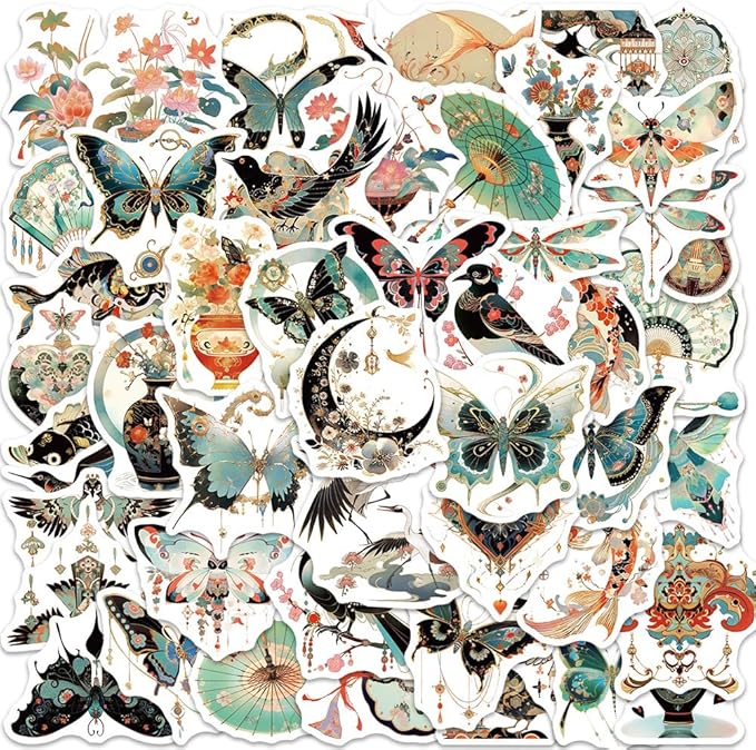 Vintage Chinoiserie Art Stickers - 50Pcs Vinyl Waterproof Chinese Elements Aesthetic Stickers for Water Bottle,Laptop,Scrapbooks,Tumblers