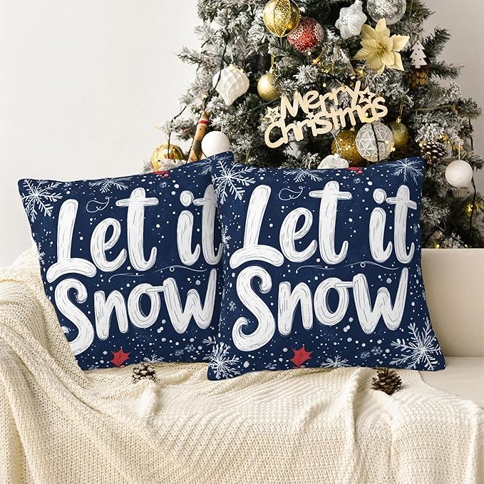 Christmas Pillow Covers 18X18, Let it Snow Decorative Throw Pillow Covers, Winter Christmas Snowflakes Pillow Cover Pillowcase Cushion Case for Home Sofa Couch Indoor Outdoor Set of 2