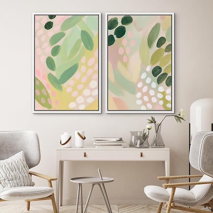 SIGNWIN Framed Canvas Print Wall Art Set Pastel Garden Rhythm Abstract Green and Pink Brushstroke Botanical Zen Bohemian for Living Room, Bedroom, Office - 16"x24"x2 WHITE