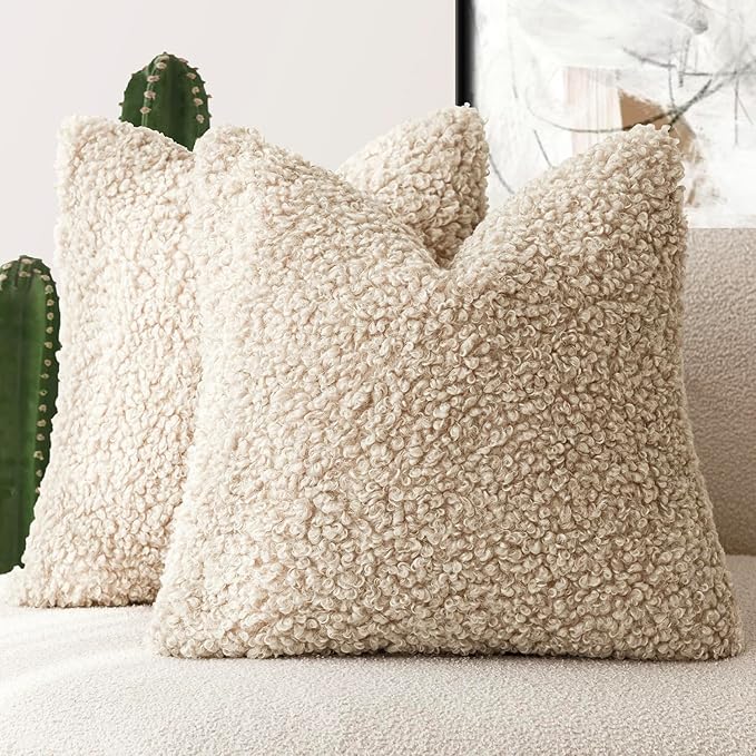 Foindtower 2 Pieces 16x16 Inch Light Khaki, Faux Fur Throw Pillow Cover Accent Sherpa Pillow Fuzzy Soft Pillowcases Sheepskin Decorative Fleece Cushion Case for Bed Couch Living Room