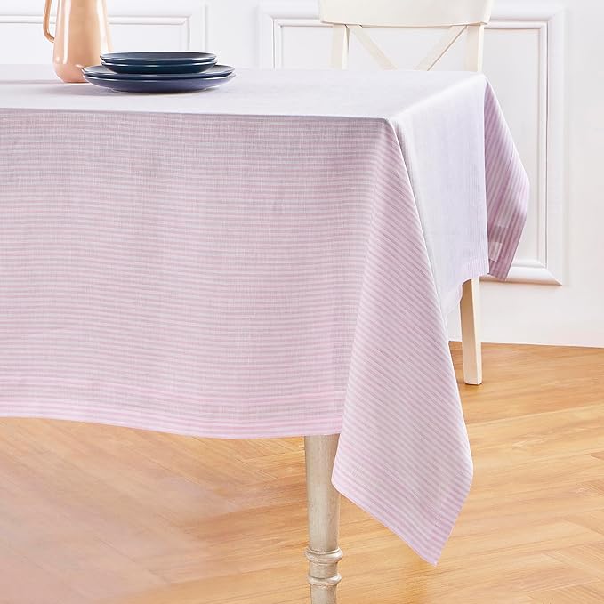 Solino Home Linen Striped Tablecloth 60 x 132 Inch - 100% Pure Linen Pink and White Table Cloth for Rectangle Tables - Narrow Stripe, Machine Washable Tablecloth