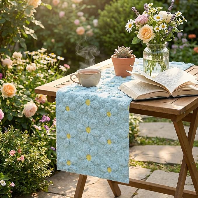 Artoid Mode Blue Soft Plush Faux Fur Jacquard Embroidery Daisy Spring Table Runner, Kitchen Dining Table Decoration for Home Party Decor 13x90 Inch