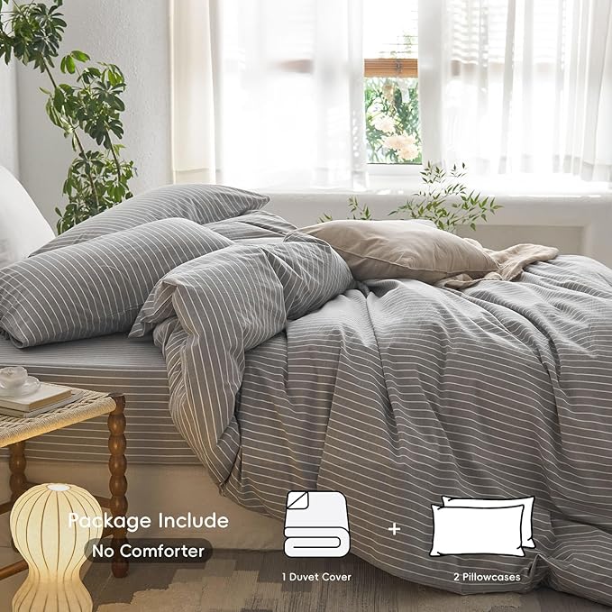 MooMee Striped Duvet Cover Set 100% Washed Cotton Linen Like Textured Breathable Durable Soft Comfy (Light Grey White Wide Stripes, King 104"x90")