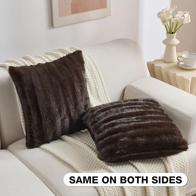 FUTEI Dark Coffee Decorative Throw Pillow Covers 18x18 Inch Set of 2,Soft Fluffy Faux Rabbit Fur Dyeing Striped Textured Cushion Case,Modern Home Decor for Couch Bed Living Room