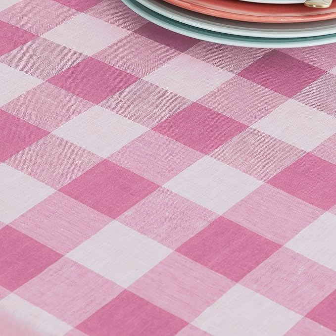 Solino Home Linen Checkered Tablecloth 60 x 90 Inch - 100% Pure Linen Pink Begonia Buffalo Plaid Table Cloth for Rectangle Tables - Machine Washable Tablecloth