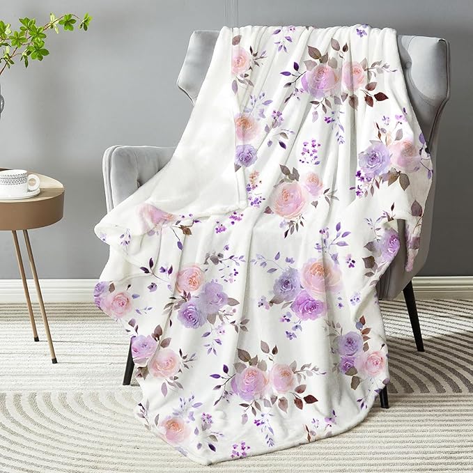 Pastel Lavender Floral Blanket, Plush Soft Lightweight Warm Cozy Flannel 50×40 inch Throw Blanket with Watercolor Flower Pattern for Couch, Travel, Bed, Outdoor, Gifts for Girls Teens Adults Women