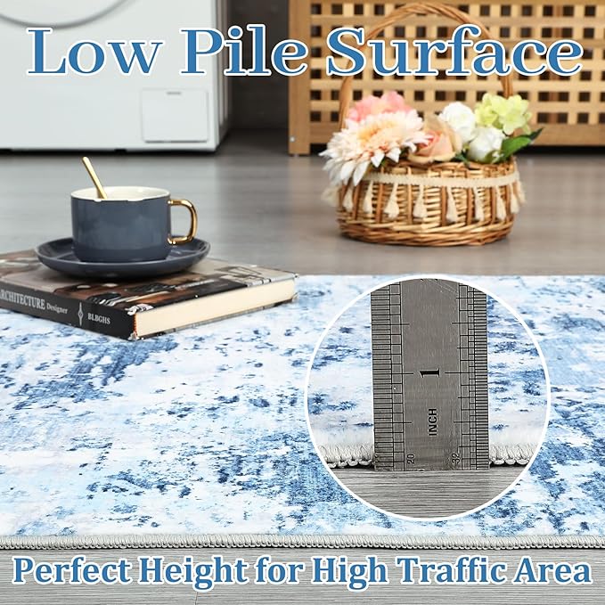 9x12 Modern Abstract Accent Rug for Living Room Stain Resistant Non Slip Low Pile Accent Bedroom Rug Indoor Floor Cover for Office Home Decor, Blue