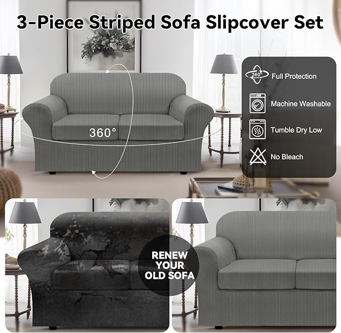 100% WaterproofLoveseat Cover 3-Piece Set Striped Loveseat Slipcovers for 2 Cushion Couch Sofa Covers with TPU Leakproof Bottom Stretch Couch Protector Pet Proof - Loveseat, Gray