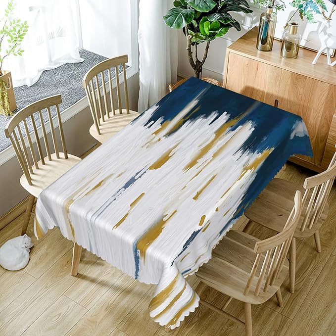 54x86inches Navy Blue White Tablecloth Abstract Brush Strokes Oil Painting Ombre Fabric Table Cloth Waterproof and Stain Resistant Rectangle Table Cover for Kitchen Dining Room Home Decor