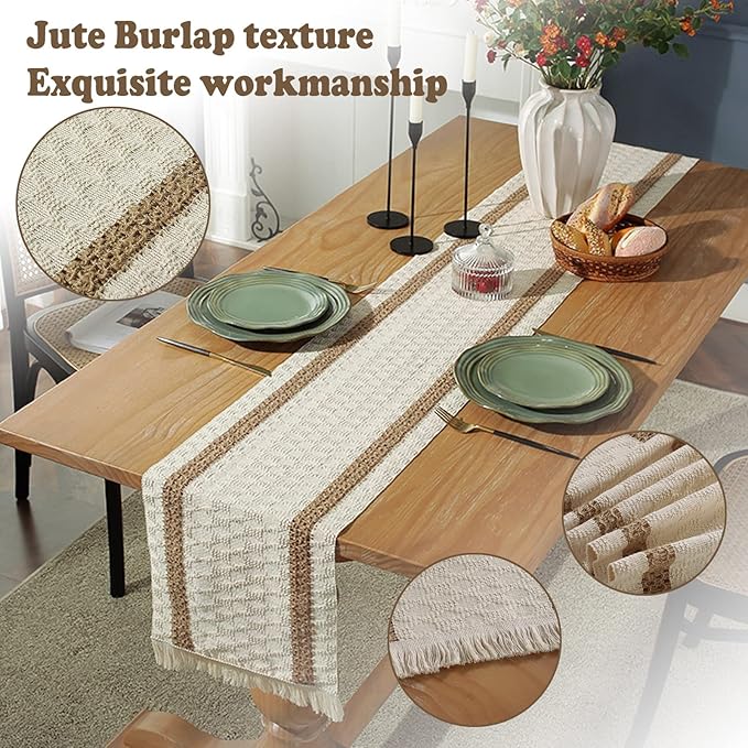 Boho Burlap Macrame Table Runner, Farmhouse Style Cotton Linen Rustic Woven Table Runner with Tassels for Dining, Wedding, Bridal Shower, Bohemian (12x108 inch, Off-White)