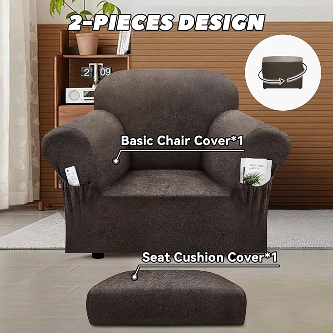Chair Slipcover with Armrest Pockets 2-Piece Set, Stretch Faux Leather Chair Cover for Armchairs(Fits 31-45") - Non-Slip, Machine Washable, Pet & Kid Friendly - Light Brown