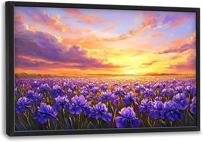 Iris Field Sunset Large Wall Art Purple Flower Framed Wall Decor for Living Room Iris Pictures Oversized Canvas Print Painting Modern Extra Large Framed Artwork for Bedroom Office 36"x24"