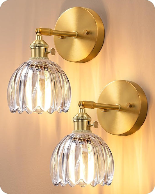 EDISHINE Hardwired Wall Sconces Set of Two, Brass Gold Wall Lamp with Transparent Tulip Glass Lampshade 180 Degree Adjustable, Vintage Bathroom Lighting Fixtures for Bedroom Living Room Hallway