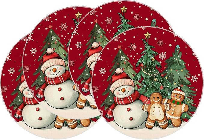XCHI Winter Red Snowman Gingerbread Man Christmas Tree Xmas Round Placemats Set of 4 Table Mats for Party Home Kitchen Dining Table Decorations 14x14 Inch