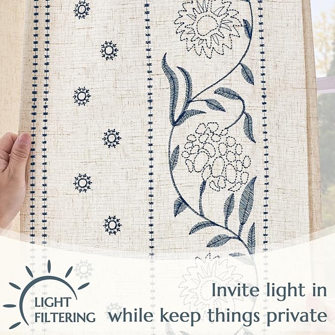 jinchan Winslow Linen Curtains for Bedroom 90 Inches Length Embroidered Bordered Floral Curtains for Living Room Farmhouse Decor Light Filtering Window Treatments Blue on Beige Drapes 2 Panels