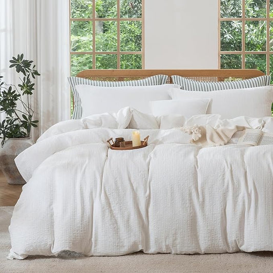MILDLY White Boho Duvet Cover Set - 100% Washed Cotton Jacquard Stripe Textured Comforter Cover with Zipper Closure 80"x90"