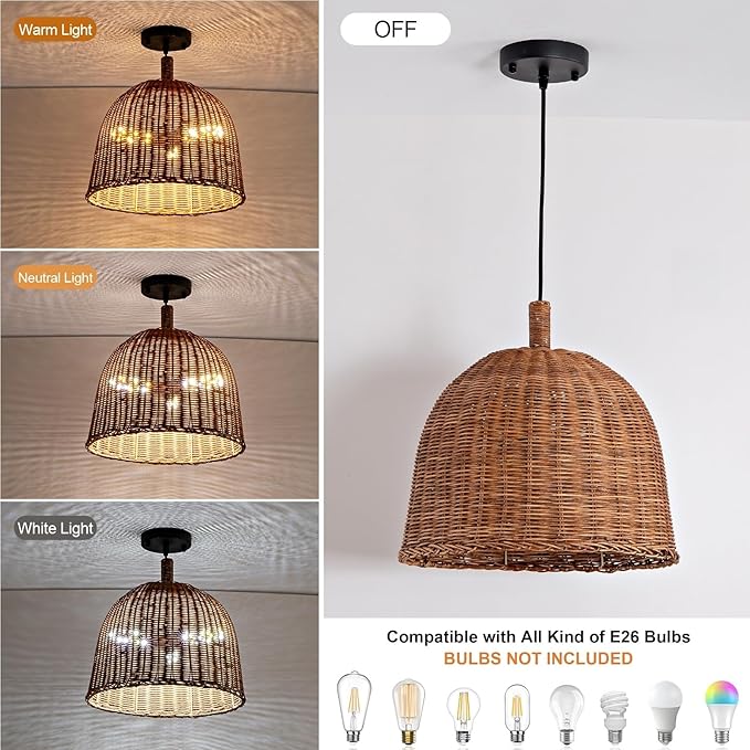 Farmhouse Rattan Pendant Light, 13.8IN Rustic Weaving Wicker Dining Room Light, Boho Ceiling Chandelier Bracket Hanging Lamp Fixture for Living Room Bedroom Kitchen Island Entry Hallway