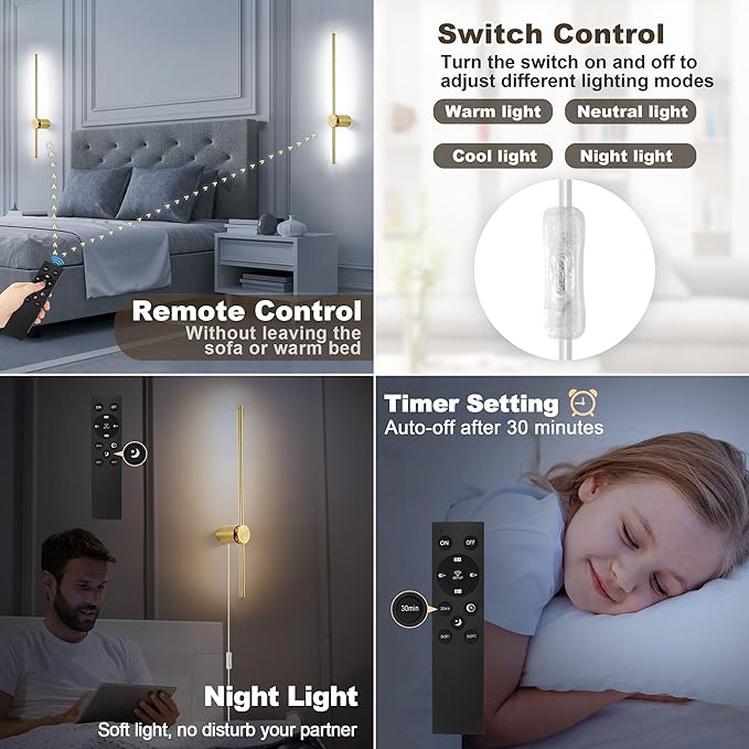 Wall Sconces Set of Two with Remote, Stepless Colors 3000K-6500K & Stepless Dimming, Hardwire or Plug-in, 180° Rotate, LED Gold Plug in Wall Sconces with Timer & Night Light, 39.4 Inches