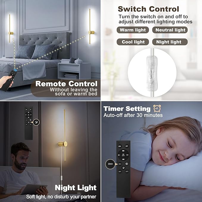 Wall Sconces Set of Two with Remote, Stepless Colors 3000K-6500K & Stepless Dimming, Hardwire or Plug-in, 180° Rotate, LED Gold Plug in Wall Sconces with Timer & Night Light, 23.6 Inches
